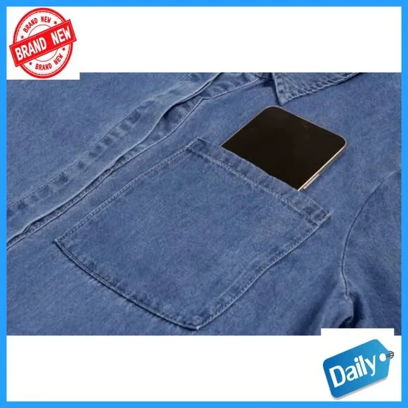 Vintage Denim Dress Casual Loose Fit Long Sleeve Button Down Midi with Pockets - Picture 4 of 7